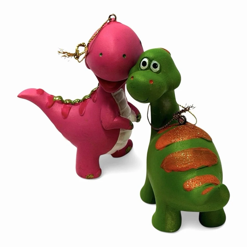 Pink T-Rex & Green Brontosaurus Dinosaur Christmas Tree Ornaments‎ - Lot of (2)